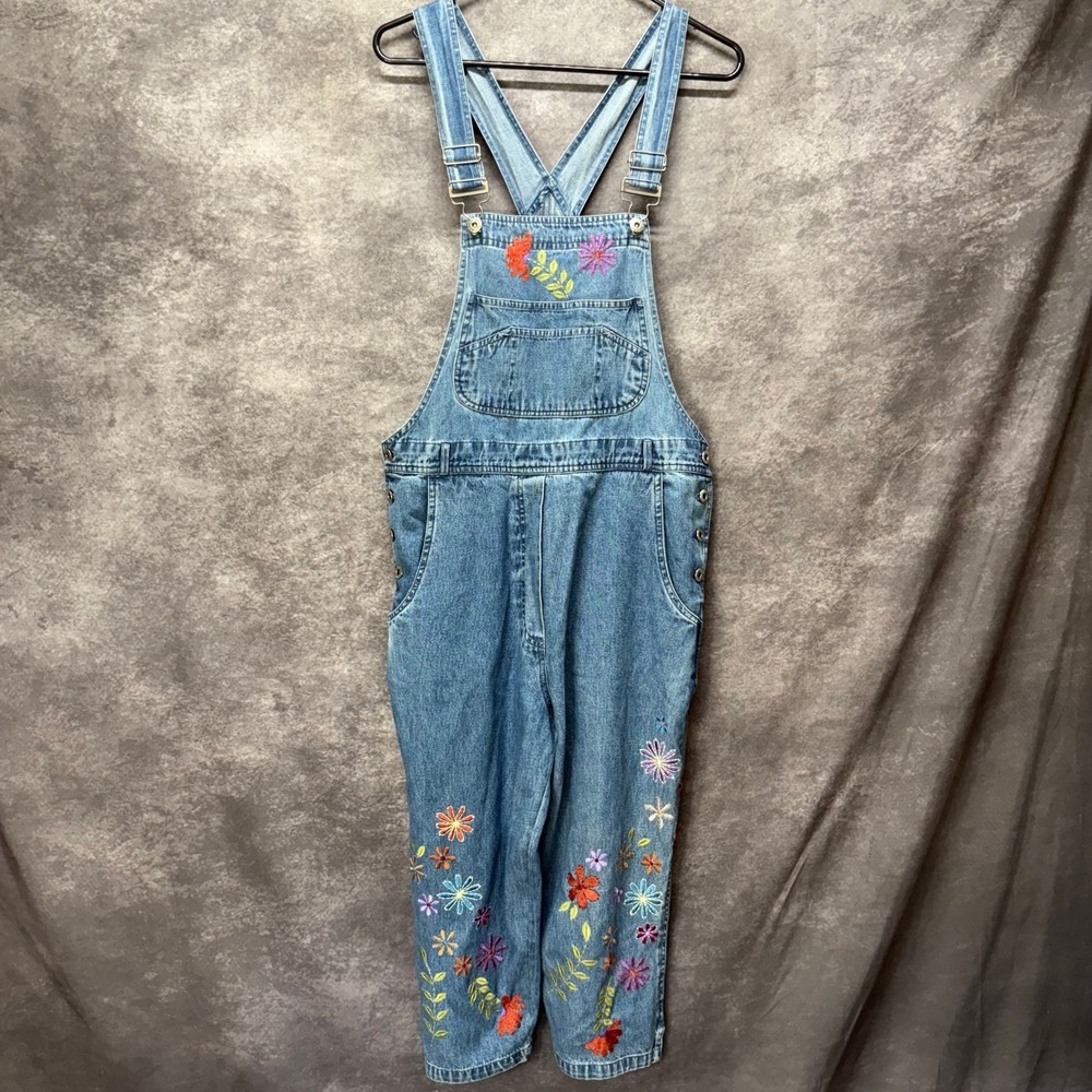 Y2K Floral Embroidered Denim Bib Overalls Womens S Cropped Boho Grunge Indie